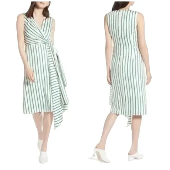 Halogen Draped Faux Wrap Striped Green White Dress L Green White Lined - Picture 6 of 16